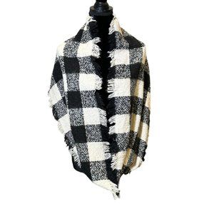 Anthropologie Infinity Scarf Womens Black White Colorless Block Plaid Fringe